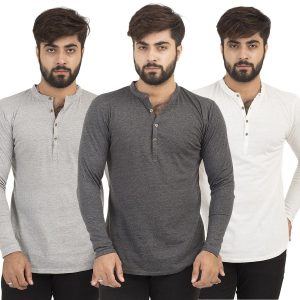 Full Sleeves Plain Kurti Style Multicolor Pack of 3 T-shirt for Mens